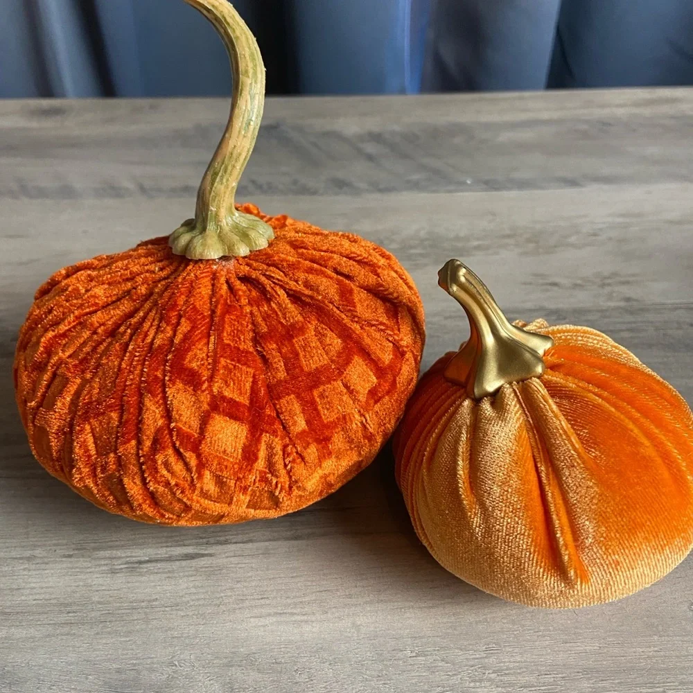 2 Orange Crushed Velvet‎ Stuffed Pumpkins- Fabric Stuffed Pumpkins Fall Decor